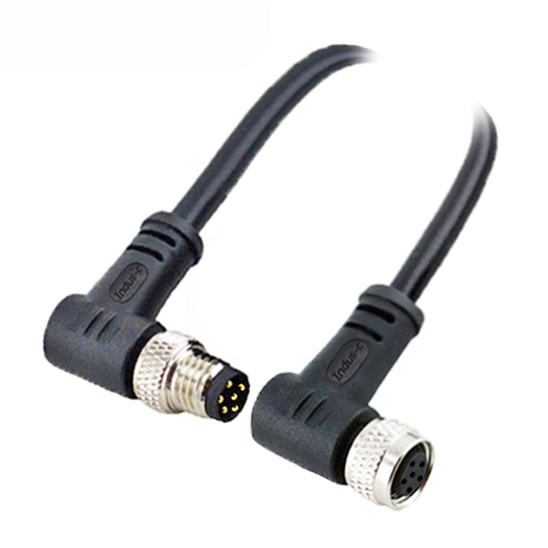 M8 6pins A code male right angle to female straight molded cable,unshielded,PVC,-10°C~+80°C,26AWG 0.14mm²,brass with nickel plated screw